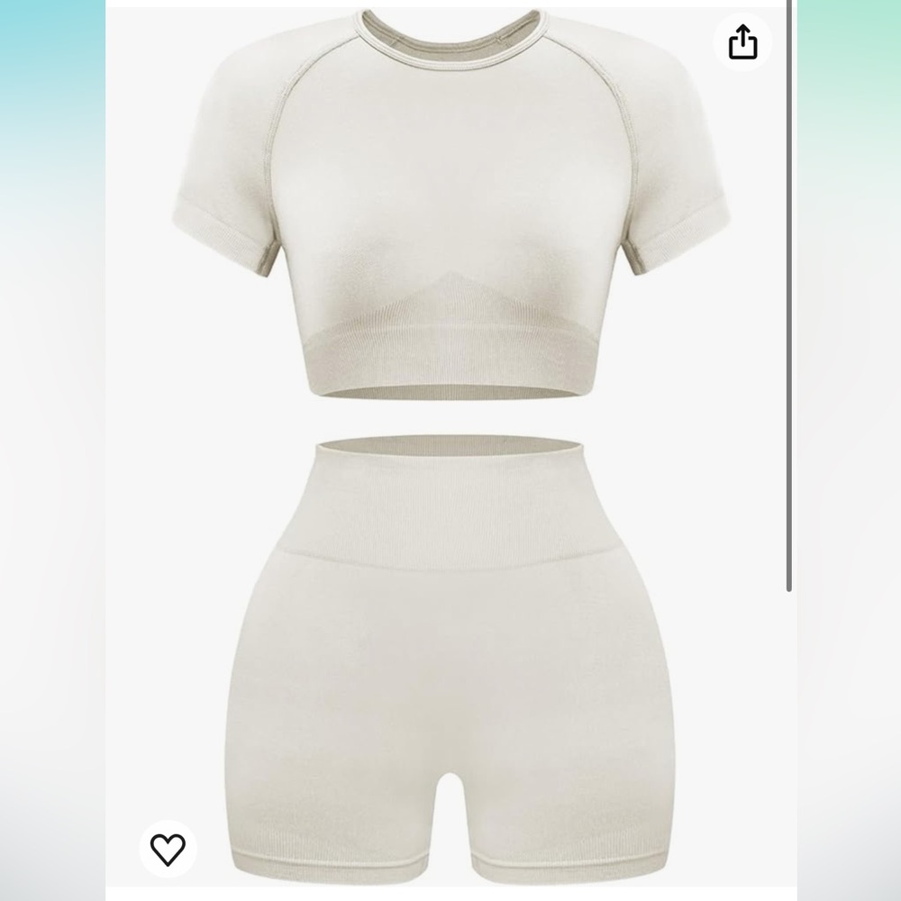 White two piece short sleeve and biker short workout set